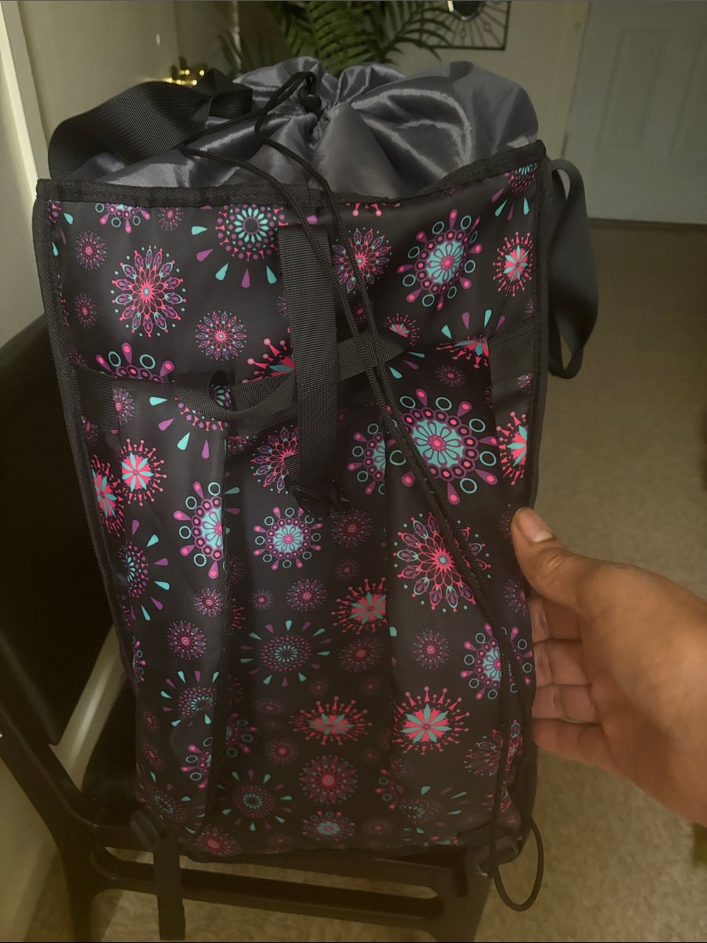 Stylish Black Drawstring Tote Bag with Pink & Teal Floral Print